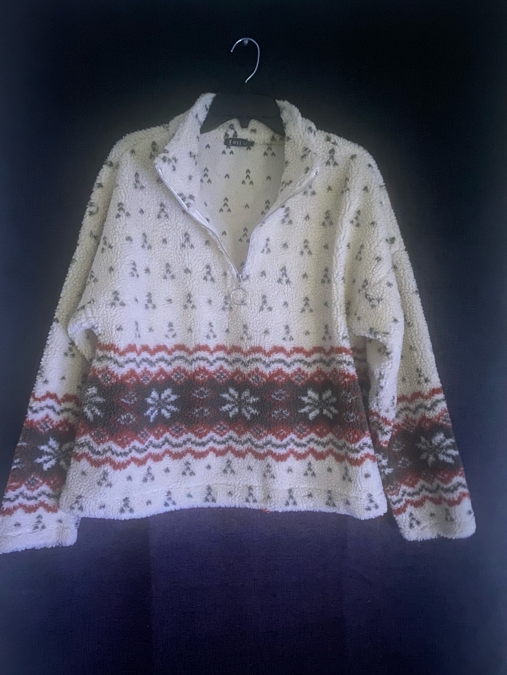 Very J - NWOT Cream Sherpa Pullover with Red & Brown Fair Isle Band